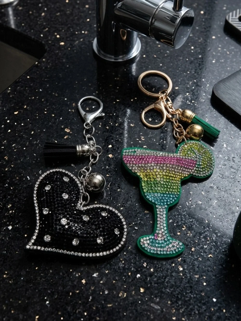 Crystal-Embellished Margarita Keychain and Heart bag charms